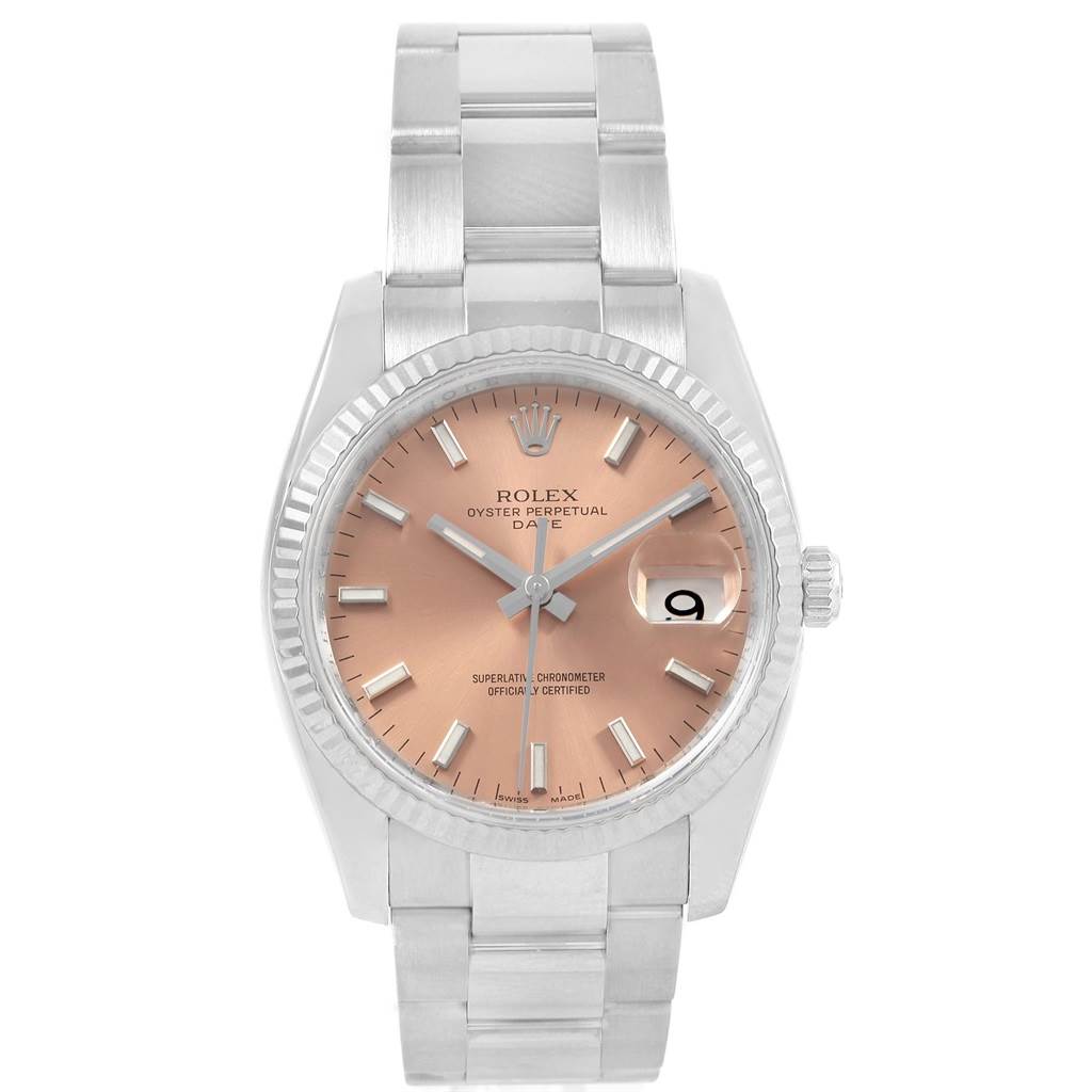 The image shows a front view of the Rolex Date 115234 Stainless Steel Pink Dial 115234 Stainless Steel Pink Dial watch, highlighting its dial, hands, bracelet, and date window.