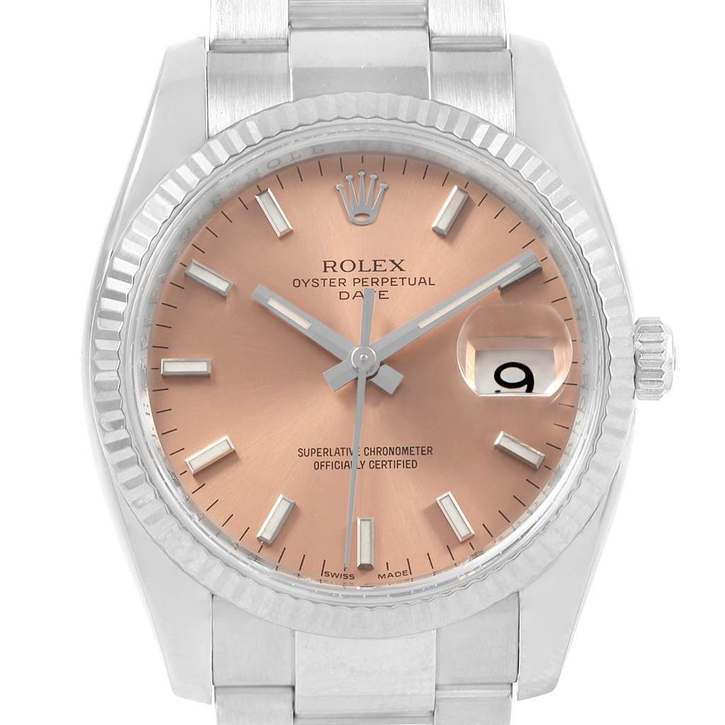 The image shows a front view of the Rolex Oyster Perpetual Date watch, highlighting the dial, hands, bezel, and date window.