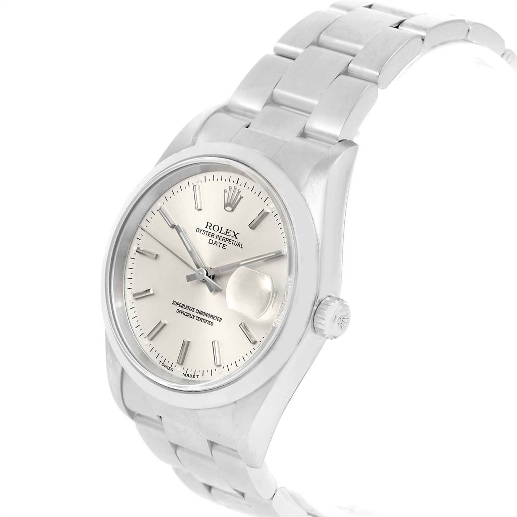 The Rolex Date 15200 Men's Stainless Steel Silver Dial 15200 Men's Stainless Steel Silver Dial watch shown is viewed at a slight angle, highlighting the face, crown, and bracelet.