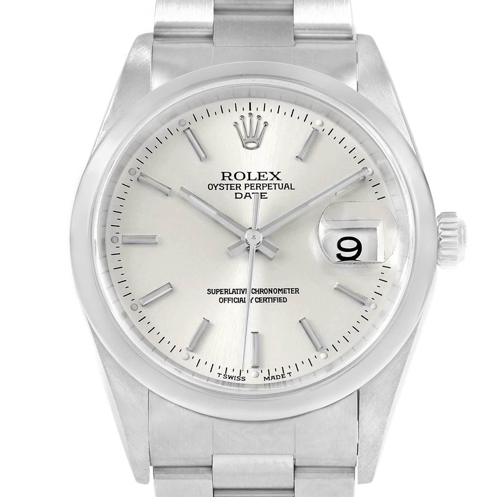 The image shows a front view of a Rolex Date 15200 Men's Stainless Steel Silver Dial 15200 Men's Stainless Steel Silver Dial model watch, highlighting its dial, hands, crown, and part of the bracelet.