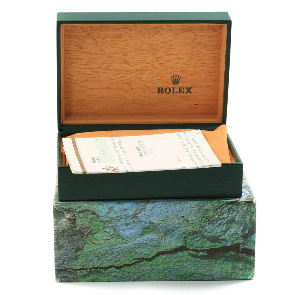 The image shows a Rolex Date 15200 Men's Stainless Steel Silver Dial 15200 Men's Stainless Steel Silver Dial model watch box and papers from a front angle, with the box open.