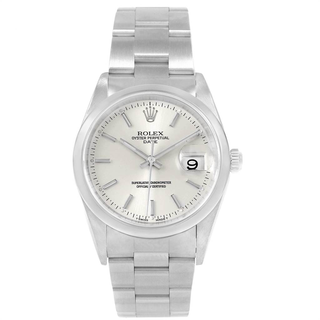 The image shows a front view of a Rolex Date 15200 Men's Stainless Steel Silver Dial 15200 Men's Stainless Steel Silver Dial model watch with a stainless steel bracelet and silver dial.