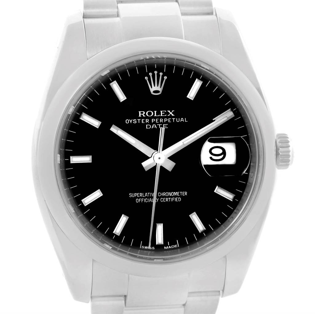 This image shows a front view of a Rolex Oyster Perpetual Date model watch, highlighting its dial, hands, and date window.