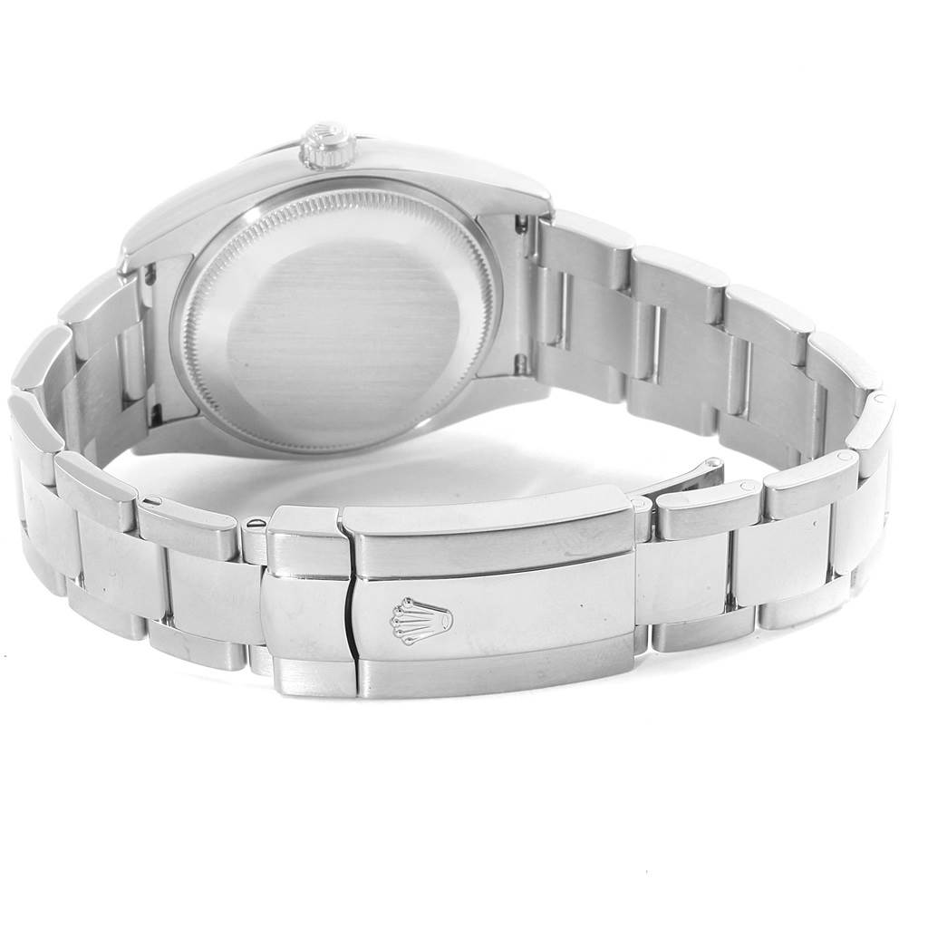 This image shows the back case and bracelet clasp of a Rolex Date 115200 Men's Stainless Steel Black Dial 115200 Men's Stainless Steel Black Dial model watch, viewed from the rear angle.