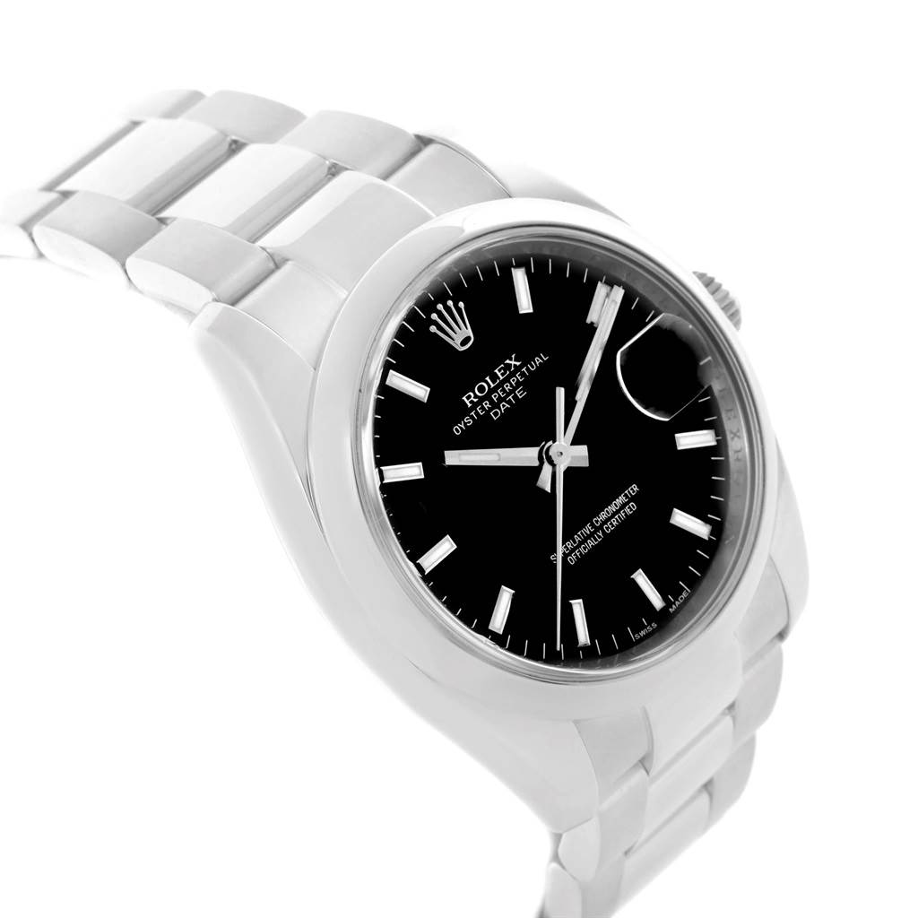 The image shows a Rolex Oyster Perpetual Date watch, angled to display the dial, bezel, and part of the bracelet.