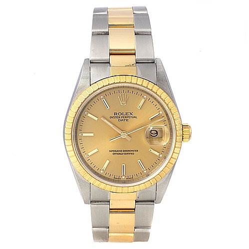 This image shows a front view of a Rolex Date 15223 Men's Stainless Steel Champagne Dial 15223 Men's Stainless Steel Champagne Dial model watch, displaying the face, bracelet, and case.