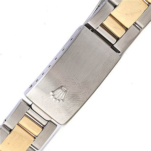 This image shows the Rolex Date 15223 Men's Stainless Steel Champagne Dial 15223 Men's Stainless Steel Champagne Dial model's clasp and part of the bracelet, featuring stainless steel and gold links.