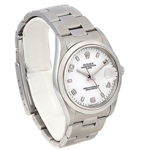 The image shows a Rolex Date 15200 Men's Stainless Steel White Dial 15200 Men's Stainless Steel White Dial model watch from a front-left angle, highlighting the face, bracelet, and crown.
