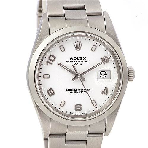 The image shows a front view of a Rolex Oyster Perpetual Date model, featuring its dial, bracelet, and date display.