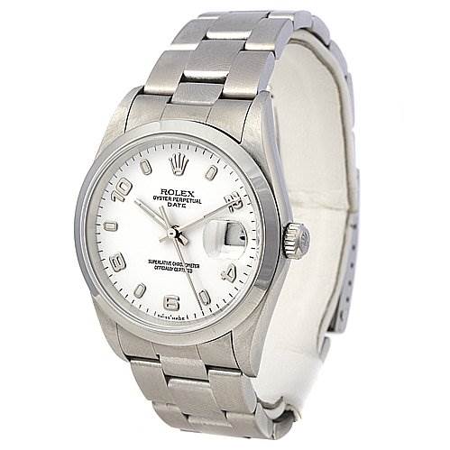 The image shows a Rolex Date 15200 Men's Stainless Steel White Dial 15200 Men's Stainless Steel White Dial model watch from a front-left angle, displaying the face, bezel, crown, and part of the bracelet.