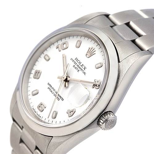 The image shows a Rolex Date 15200 Men's Stainless Steel White Dial 15200 Men's Stainless Steel White Dial model watch at an angle highlighting the dial, crown, and part of the bracelet.