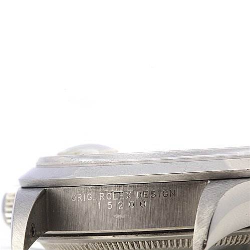 This image shows a close-up side view of the Rolex Date 15200 Men's Stainless Steel White Dial 15200 Men's Stainless Steel White Dial model 15200, highlighting the case and the crown.