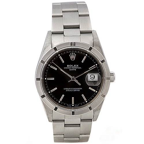 The image shows a front view of a Rolex Oyster Perpetual Date model watch with a black dial and stainless steel bracelet.