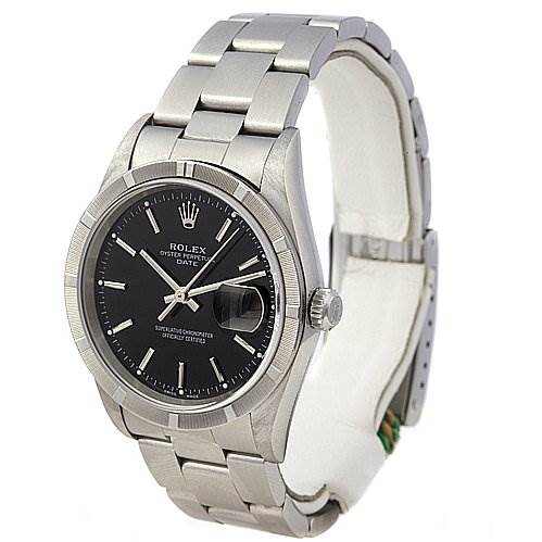 The image shows a Rolex Date 15210 Men's Stainless Steel Black Dial 15210 Men's Stainless Steel Black Dial model watch at a three-quarter angle, highlighting the face, bezel, crown, and bracelet.