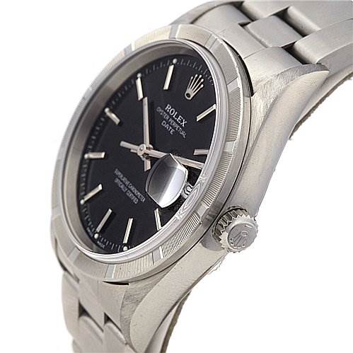 The image shows a close-up side view of a Rolex Date 15210 Men's Stainless Steel Black Dial 15210 Men's Stainless Steel Black Dial model watch, highlighting the crown, bezel, dial, and bracelet.