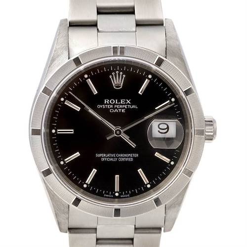 Photo of Rolex Date Mens Ss Black Stick Dial Watch 15210