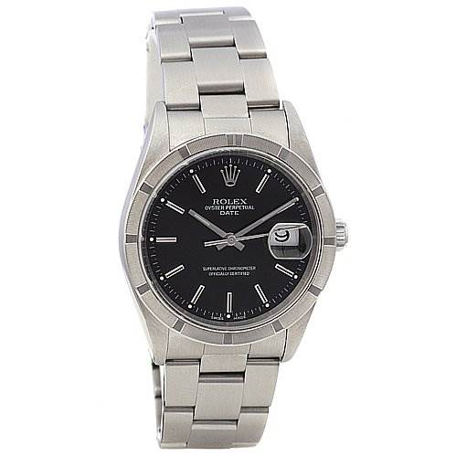 The Rolex Date 15210 Men's Stainless Steel Black Dial 15210 Men's Stainless Steel Black Dial model watch is shown at a slight angle, displaying the face, bezel, and metal bracelet prominently.