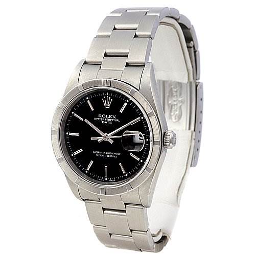 This image shows a front view of the Rolex Date 15210 Men's Stainless Steel Black Dial 15210 Men's Stainless Steel Black Dial model, highlighting its face, bezel, crown, and bracelet.