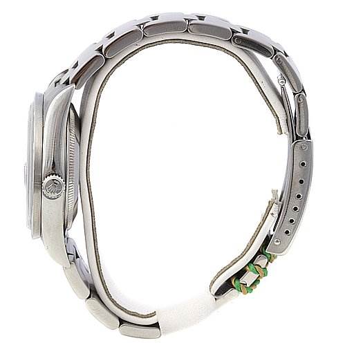 This image shows a side profile of the Rolex Date 15210 Men's Stainless Steel Black Dial 15210 Men's Stainless Steel Black Dial model watch, highlighting its case, bracelet, and crown.