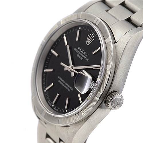 The image shows a side angle of the Rolex Date 15210 Men's Stainless Steel Black Dial 15210 Men's Stainless Steel Black Dial model watch, displaying its dial, bezel, crown, and part of the bracelet.
