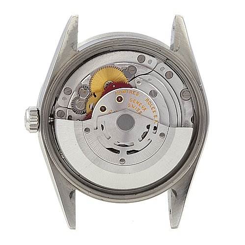 This image shows the inner mechanism of a Rolex Date 15210 Men's Stainless Steel Black Dial 15210 Men's Stainless Steel Black Dial model watch from a rear, case-back removed angle.