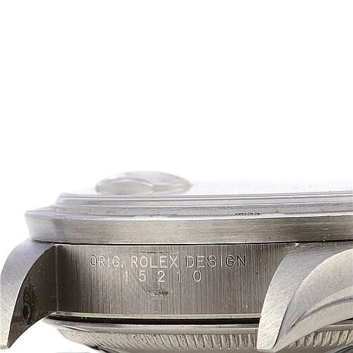 The image shows a side view of a Rolex Date 15210 Men's Stainless Steel Black Dial 15210 Men's Stainless Steel Black Dial model watch case, focusing on the lugs and part of the bezel with the model number engraved.