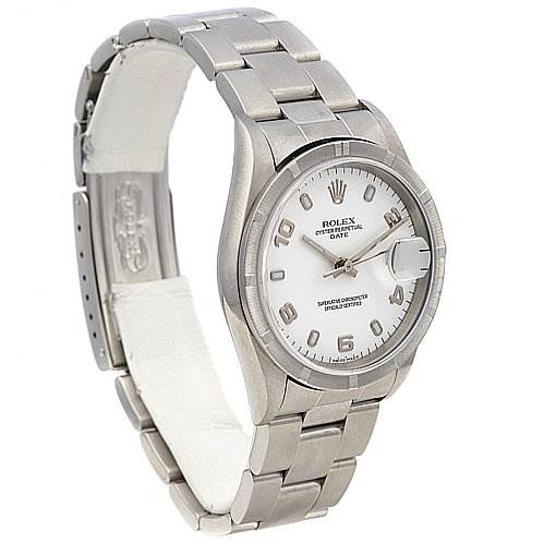The image shows a Rolex Date 15210 Men's Stainless Steel White Dial 15210 Men's Stainless Steel White Dial model watch from a three-quarter view, displaying the bracelet, dial, and case.