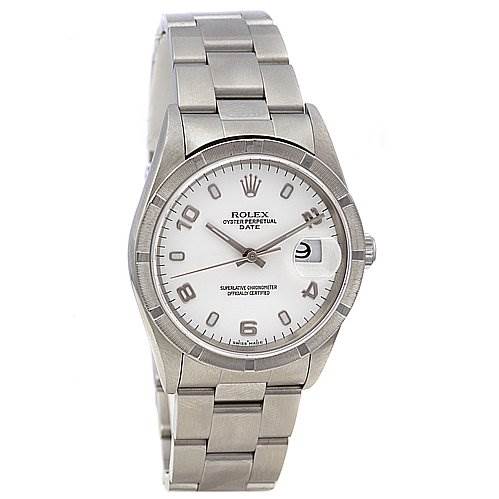 The image shows a front view of a Rolex Date 15210 Men's Stainless Steel White Dial 15210 Men's Stainless Steel White Dial model watch, displaying its dial, bracelet, and crown.