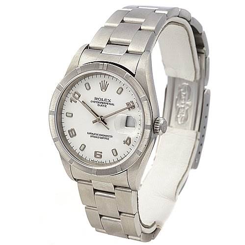 The image shows a Rolex Date 15210 Men's Stainless Steel White Dial 15210 Men's Stainless Steel White Dial model watch, focusing on the dial, bezel, bracelet, and clasp at a three-quarter angle.