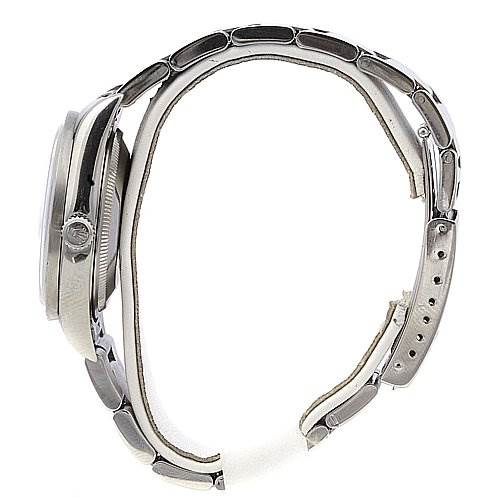 The image shows a side profile of the Rolex Date 15210 Men's Stainless Steel White Dial 15210 Men's Stainless Steel White Dial model watch, highlighting the case, crown, and partially the bracelet.