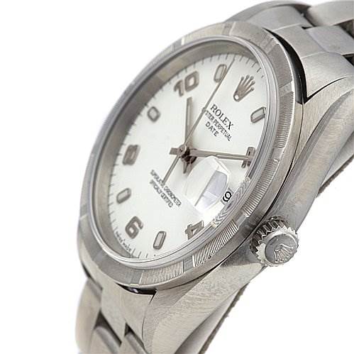 This image shows a Rolex Date 15210 Men's Stainless Steel White Dial 15210 Men's Stainless Steel White Dial model from a three-quarter angle, highlighting the watch face, bezel, crown, and part of the bracelet.