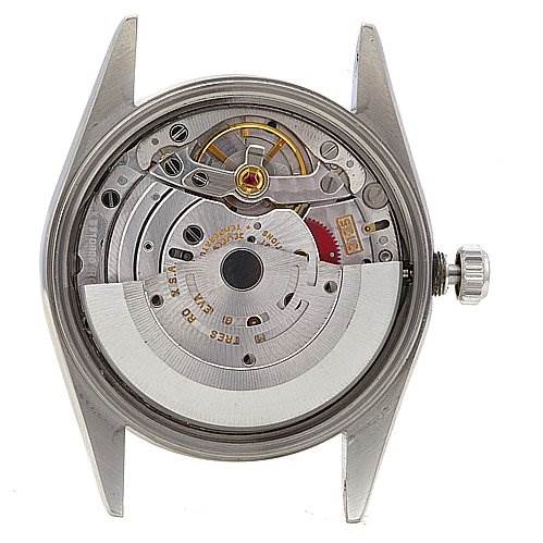 The image shows a back view of the Rolex Date 15210 Men's Stainless Steel White Dial 15210 Men's Stainless Steel White Dial model watch, featuring the exposed mechanical movement and internal parts.