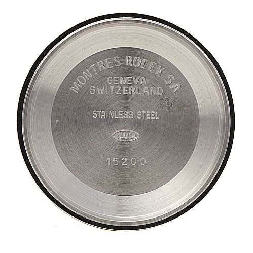 The image shows the inside view of a case back for a Rolex Date 15210 Men's Stainless Steel White Dial 15210 Men's Stainless Steel White Dial model watch, displaying the brand and model details.