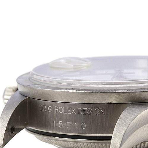 This image shows a close-up side angle of the Rolex Date 15210 Men's Stainless Steel White Dial 15210 Men's Stainless Steel White Dial model's case, highlighting the "Orig Rolex Design" engraving and model number 15210.