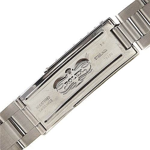 The image shows a close-up of the clasp and part of the bracelet of a Rolex Date 15210 Men's Stainless Steel White Dial 15210 Men's Stainless Steel White Dial model watch.