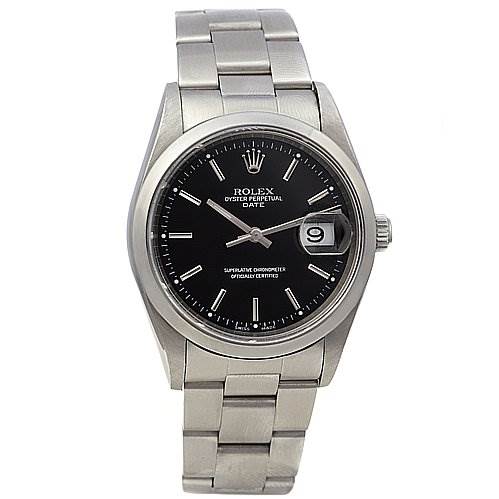The image shows a front view of a Rolex Date 15210 Men's Stainless Steel Black Dial 15210 Men's Stainless Steel Black Dial model watch displaying its face, crown, and metal bracelet.