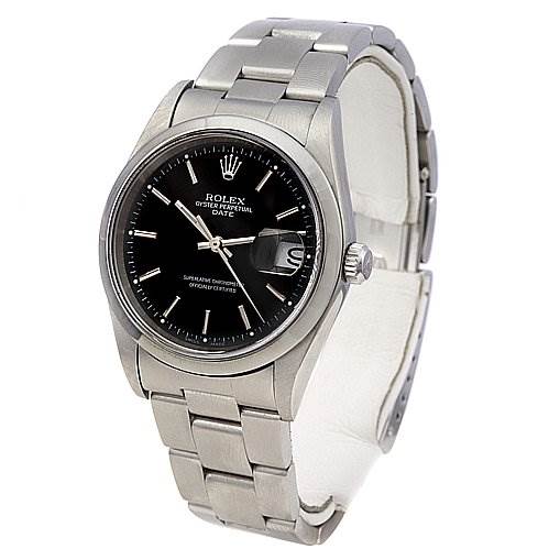 The image shows a Rolex Date 15210 Men's Stainless Steel Black Dial 15210 Men's Stainless Steel Black Dial model watch from a three-quarter angle, highlighting the face, bezel, crown, and bracelet.