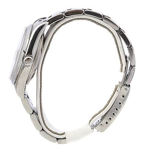 This image shows a side view of the Rolex Date 15210 Men's Stainless Steel Black Dial 15210 Men's Stainless Steel Black Dial model watch, highlighting its case, crown, and bracelet.