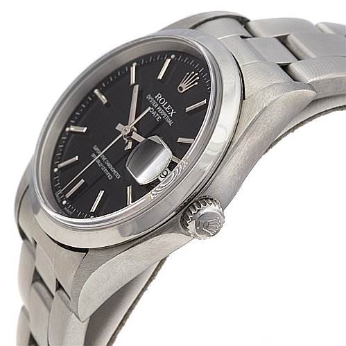 This image shows a side angle of a Rolex Date 15210 Men's Stainless Steel Black Dial 15210 Men's Stainless Steel Black Dial model, highlighting the crown, bezel, and part of the bracelet.