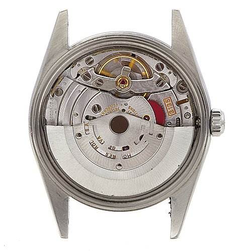 This image shows the back view of the Rolex Date 15210 Men's Stainless Steel Black Dial 15210 Men's Stainless Steel Black Dial model, revealing the intricate internal movement of the watch.