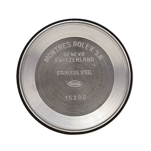 This image shows the inside of the case back for a Rolex Date 15210 Men's Stainless Steel Black Dial 15210 Men's Stainless Steel Black Dial model watch.