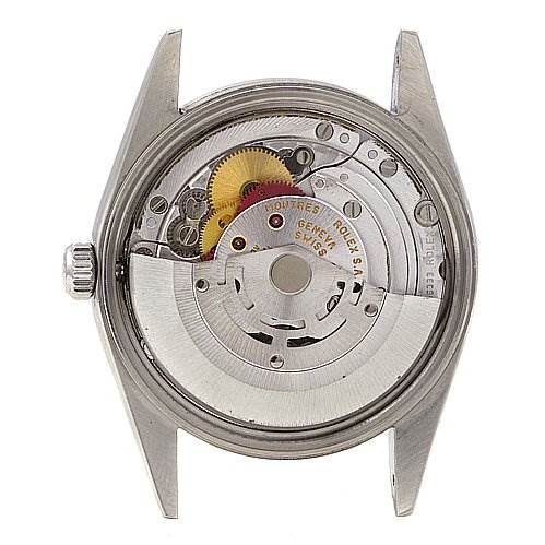 This image shows the back of a Rolex Date 15210 Men's Stainless Steel Black Dial 15210 Men's Stainless Steel Black Dial model watch, revealing the internal mechanical movement components.