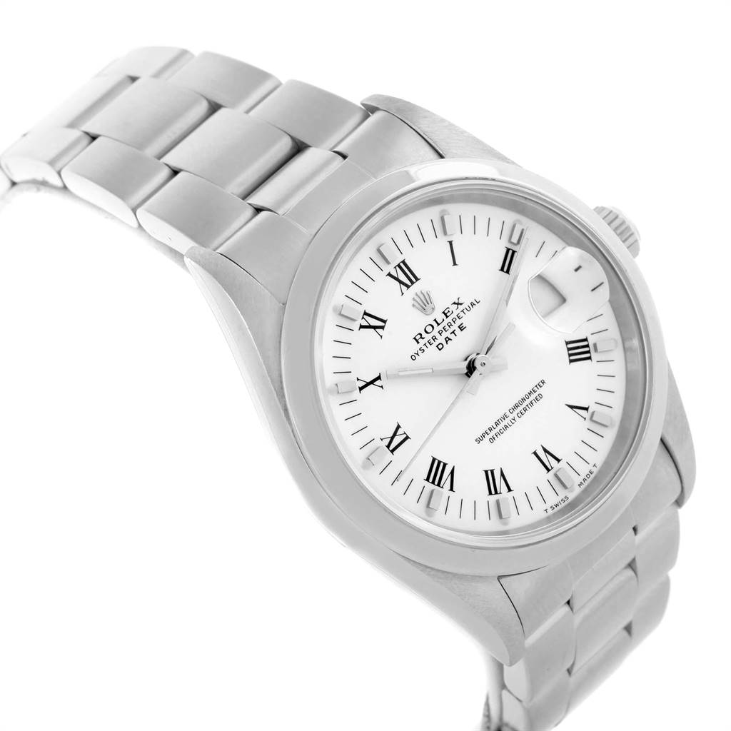 This image displays a Rolex Date 15200 Men's Stainless Steel White Dial 15200 Men's Stainless Steel White Dial model watch from an angled side perspective, highlighting the dial, bezel, and bracelet links.