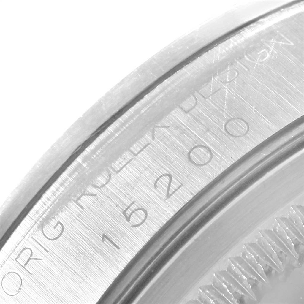 This image shows an up-close shot of the engraved case back of a Rolex Date 15200 Men's Stainless Steel White Dial 15200 Men's Stainless Steel White Dial model.