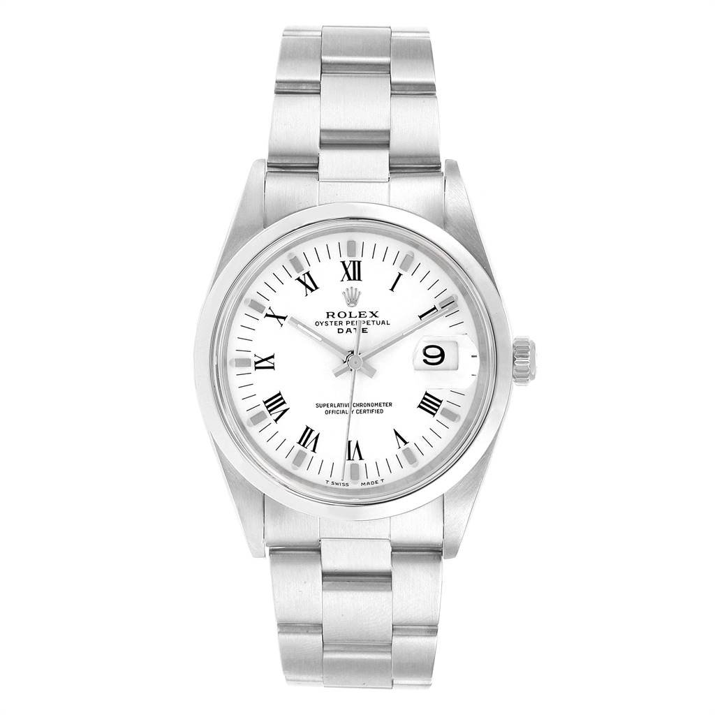 The image shows a front view of a Rolex Date 15200 Men's Stainless Steel White Dial 15200 Men's Stainless Steel White Dial model watch with a white dial, Roman numeral markers, and a metal bracelet.
