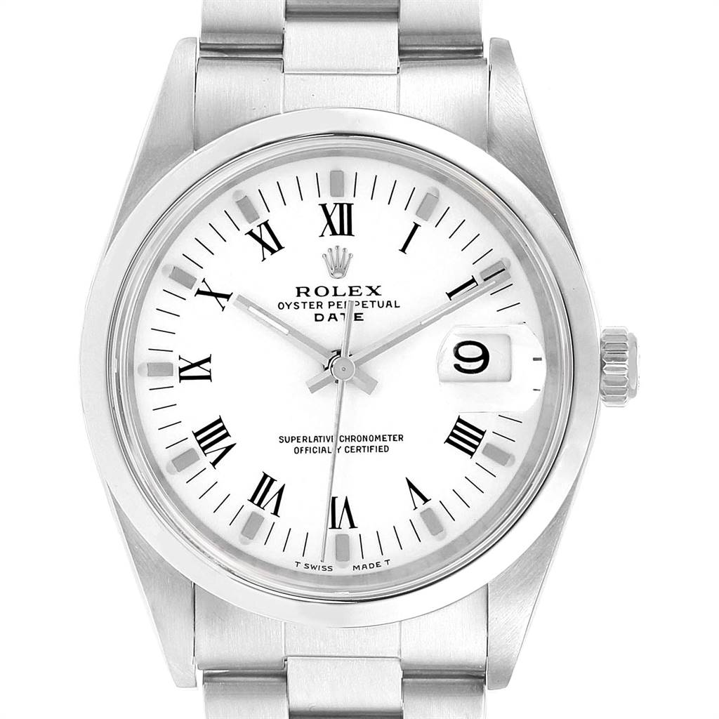 This image shows a frontal view of a Rolex Oyster Perpetual Date model watch, highlighting its dial, bezel, crown, and bracelet.