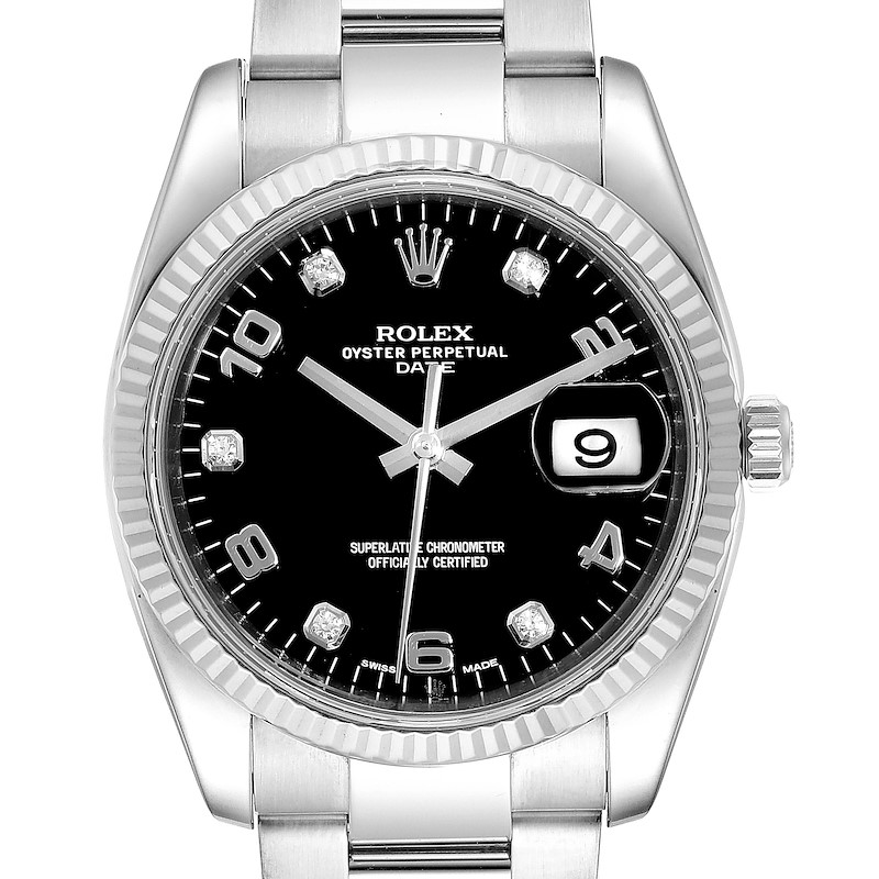 The image shows a front view of the Rolex Date model watch, highlighting the black dial, date window, and stainless steel bracelet.