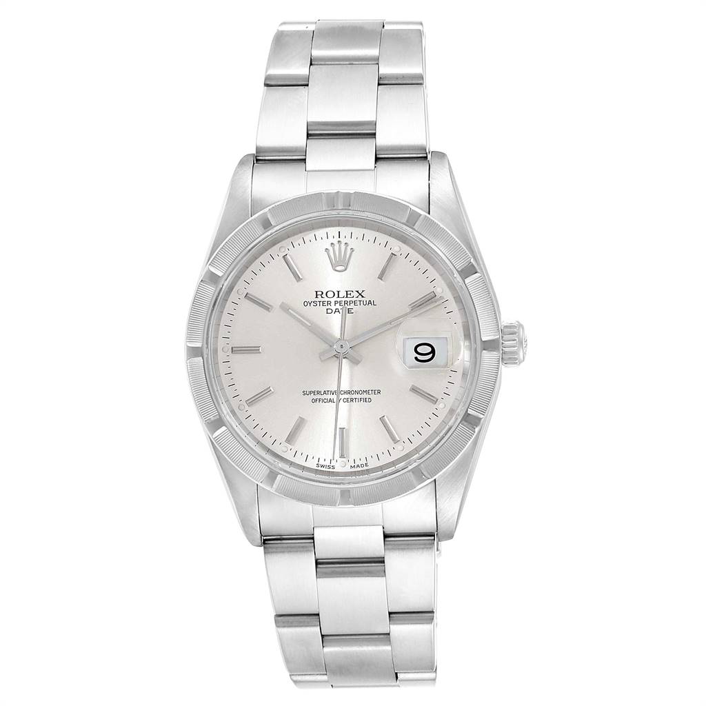 The image shows a front view of a Rolex Date 15210 Men's Stainless Steel Silver Dial 15210 Men's Stainless Steel Silver Dial model watch, displaying the dial, case, bracelet, and date window.