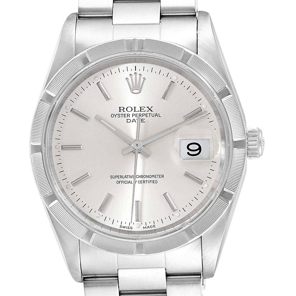 The image displays a Rolex Oyster Perpetual Date watch from the front, showcasing the face, bezel, crown, and part of the bracelet.