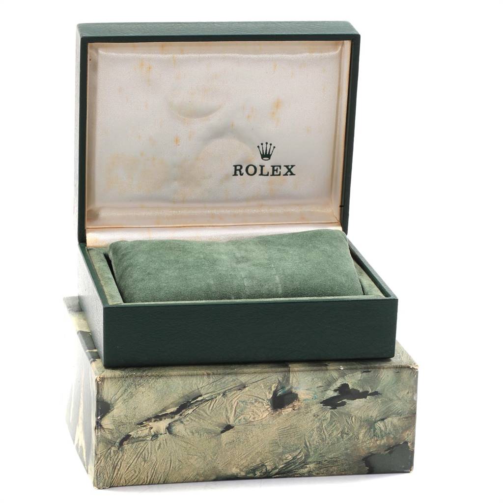 The image shows an open Rolex box with a green cushion inside, intended for a Rolex Date 15210 Men's Stainless Steel Silver Dial 15210 Men's Stainless Steel Silver Dial model watch.